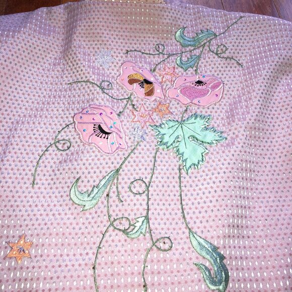 PINK EMBROIDERED KIMONO JACKET SZ L FLORAL WEARABLE ART FULLY LINED WOMENS - Picture 2 of 4